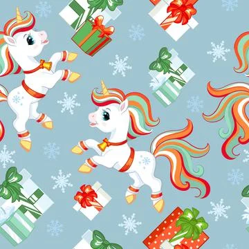 Vector seamless pattern with baby Christmas unicorns Stock Illustration
