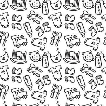 Vector seamless pattern with baby objects. Newborn clothes and accessories se Stock Illustration