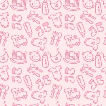 Vector seamless pattern with baby objects. Newborn clothes and accessories se Stock Illustration