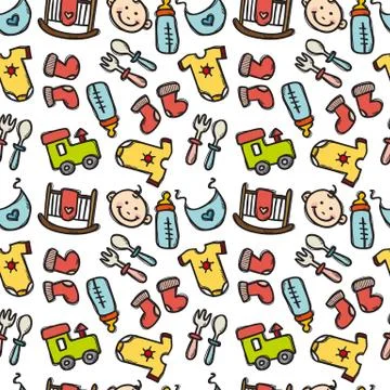 Vector seamless pattern with baby objects. Newborn clothes and accessories se Stock Illustration