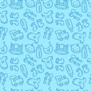 Vector seamless pattern with baby objects. Newborn clothes and accessories se Stock Illustration