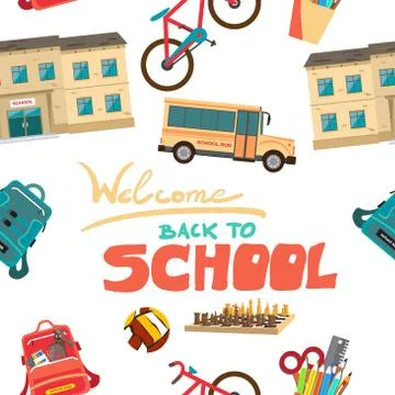 Vector seamless pattern of back to school flat cartoon style thi Stock Illustration