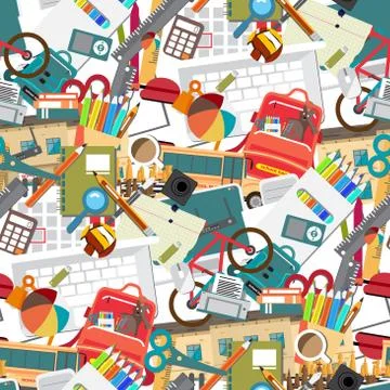 Vector seamless pattern of back to school flat cartoon style thi Stock Illustration