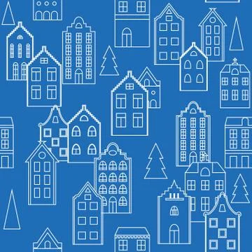 Vector seamless pattern background with european houses. Stock Illustration