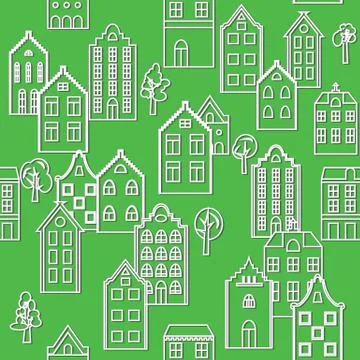Vector seamless pattern background with european houses. Stock Illustration