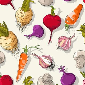 Vector seamless pattern background with vegetables food menu template Illustrazione stock