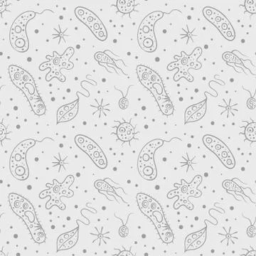 Vector seamless pattern with bacteria virus icons. Biology microorganisms, mi Stock Illustration