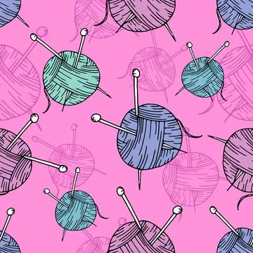 Vector seamless pattern, ball of knitting needles and knitting needles on pin Stock Illustration