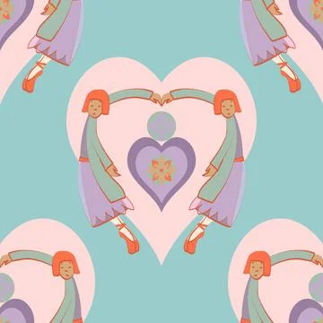 Vector seamless pattern of ballet dancers around pink hearts on a pale blue Stock Illustration