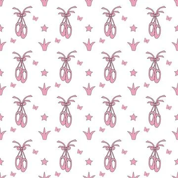 Vector seamless pattern with ballet Pointe shoes, crown, stars Stock Illustration