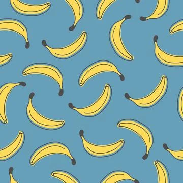 Vector seamless pattern with banana fruit on blue background. Cute pattern wi Stock Illustration