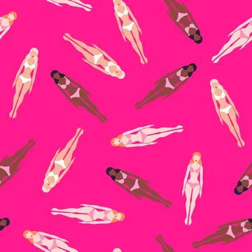 Vector seamless pattern with Barbie dolls in bright pink bikini Stock Illustration