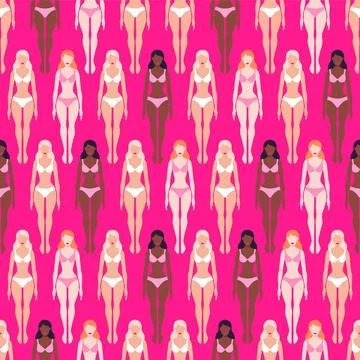 Vector seamless pattern with Barbie dolls in bright pink bikini Stock Illustration