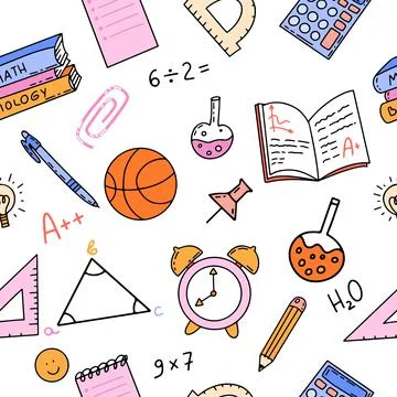 Vector seamless pattern with basketball ball, pins, triangles, alarm clock, n Illustrazione stock