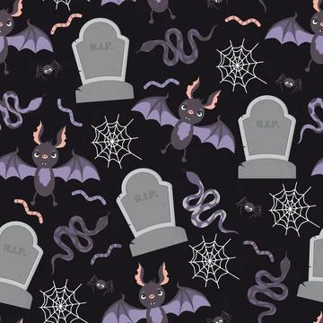 Vector seamless pattern with bats and gravestones on a black background Stock Illustration