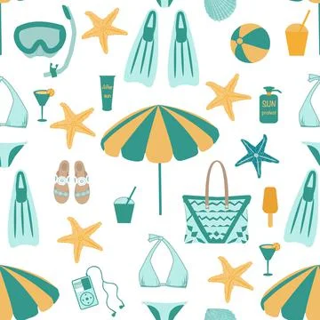 Vector seamless pattern with beach accessories Stock Illustration
