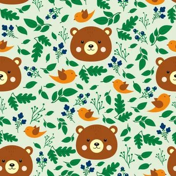 Vector seamless pattern with bear, bird and leaves. Stock Illustration