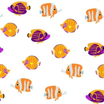 Vector seamless pattern with beautiful exotic fish, coral reafs fish collection Illustrazione stock