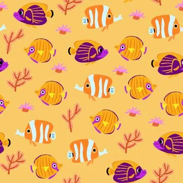 Vector seamless pattern with beautiful exotic fish, coral reafs fish collection Illustrazione stock