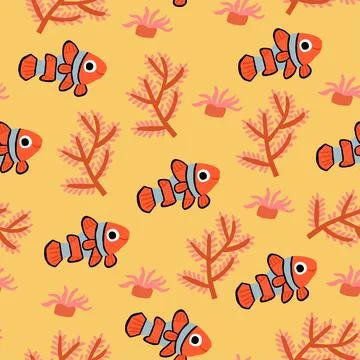 Vector seamless pattern with beautiful exotic fish, coral reafs fish collection Stock Illustration