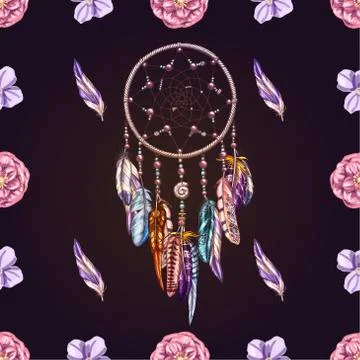 Vector seamless pattern with beautiful hand drawn dream catcher  Stock Illustration