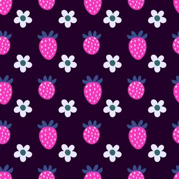 Vector seamless pattern with beautiful hand drawn strawberries and white fl.. Stock Illustration