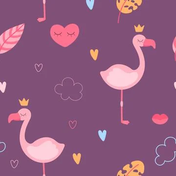 Vector seamless pattern with beautiful pink flamingo queen with a crown, clou 스톡 일러스트