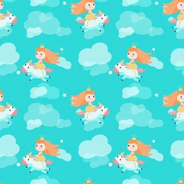 Vector seamless pattern with beautiful princess and unicorn イラスト素材