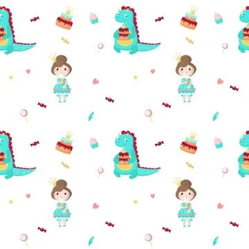 Vector seamless pattern with beautiful princess and dragon イラスト素材