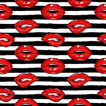 Vector seamless pattern with beautiful woman with sexy red lips Stock Illustration