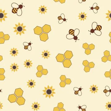 Vector seamless pattern with bee, honeycomb and flower Stock Illustration