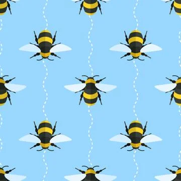 Vector seamless pattern with bees and wavy lines Stock Illustration