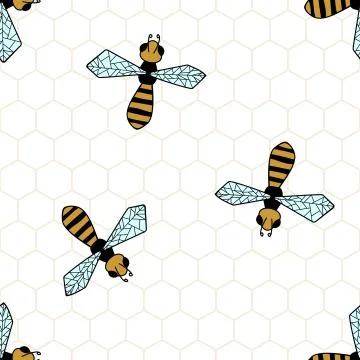 Vector Seamless Pattern With Bees And Honeycombs, Hand drawn. For Pattern, Wa イラスト素材