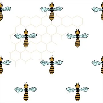 Vector Seamless Pattern With Bees And Honeycombs, Hand drawn. For Pattern, Wa イラスト素材