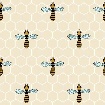 Vector Seamless Pattern With Bees And Honeycombs, Hand drawn. For Pattern, Wa Stock Illustration