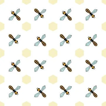 Vector Seamless Pattern With Bees And Honeycombs, Hand drawn. For Pattern, Wa イラスト素材