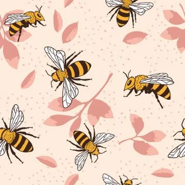 Vector seamless pattern with bees and leaves. Stock Illustration
