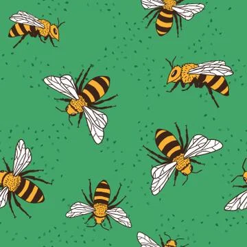 Vector seamless pattern with bees and leaves. Stock Illustration