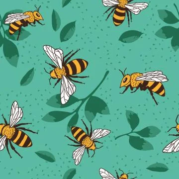 Vector seamless pattern with bees and leaves. Stock Illustration