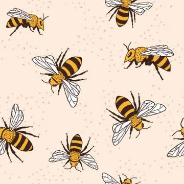Vector seamless pattern with bees and leaves. Stock Illustration