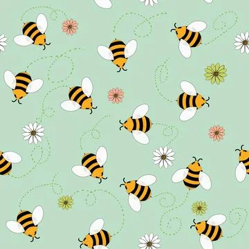 Vector seamless pattern of bees and flowers Stock Illustration