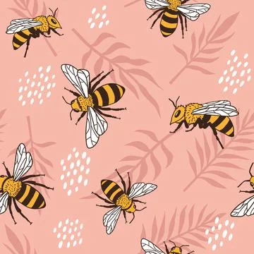 Vector seamless pattern with bees and leaves. Stock Illustration