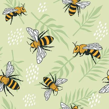 Vector seamless pattern with bees and leaves. イラスト素材