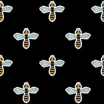 Vector Seamless Pattern With Bees on a black background, Hand drawn. Sticker. Stock Illustration