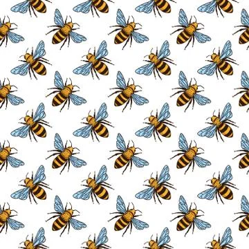 Vector seamless pattern with bees. Black and yellow texture Stock Illustration