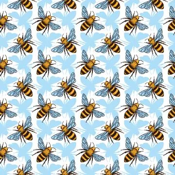 Vector seamless pattern with bees. Black and yellow texture Stock Illustration