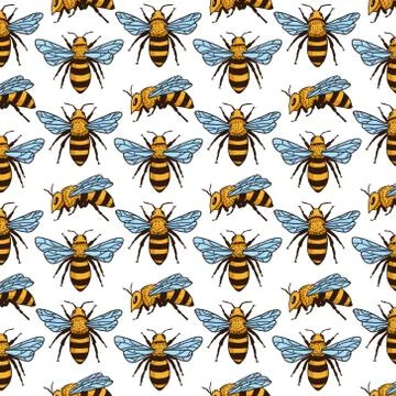 Vector seamless pattern with bees. Black and yellow texture Stock Illustration