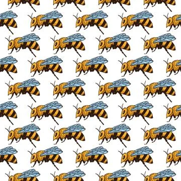Vector seamless pattern with bees. Black and yellow texture Stock Illustration