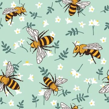 Vector seamless pattern with bees. Black and yellow texture Stock Illustration