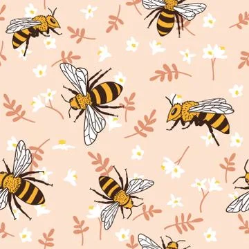 Vector seamless pattern with bees. Black and yellow texture Stock Illustration